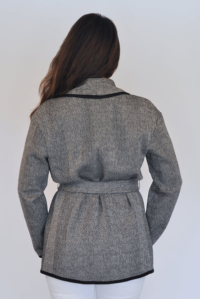 Back View of Atelier Francesca Black & White Herringbone Knit Statement Wrap