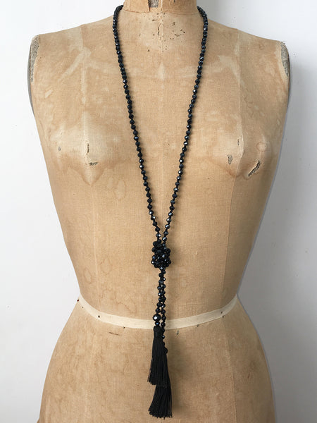 Lil Jewellry, faceted crystal necklace with tassels in jet black