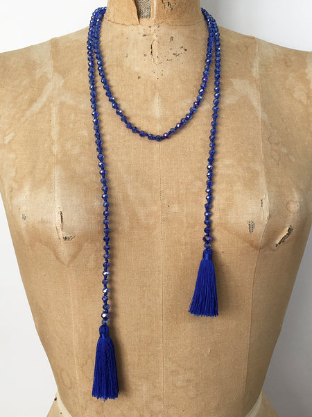 Lil Jewellry, faceted crystal necklace with tassels in blue