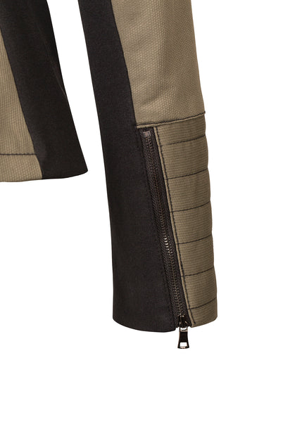 Sleeve detail of Atelier Francesca Moto Style Jacket in Army with Black contrast details
