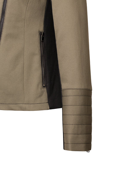 Pocket and sleeve detail of Atelier Francesca Moto Style Jacket in Army with Black contrast details