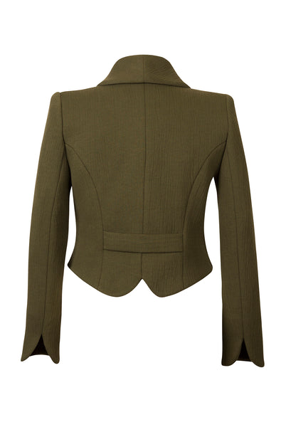 Back view Atelier Francesca Army Green Statement Jacket. Shawl collar.