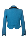 Back of Atelier Francesca Teal Blue Jacket with Black Angora Trim, vintage vibe.