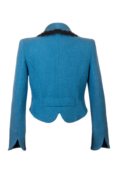 Back of Atelier Francesca Teal Blue Jacket with Black Angora Trim, vintage vibe.