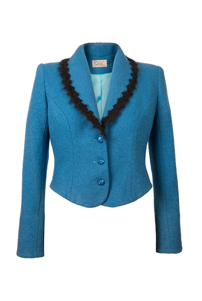 Atelier Francesca Teal Blue Jacket with Black Angora Trim, vintage vibe.