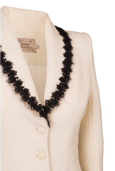 Atelier Francesca White Jacket with Black Angora Trim detail.