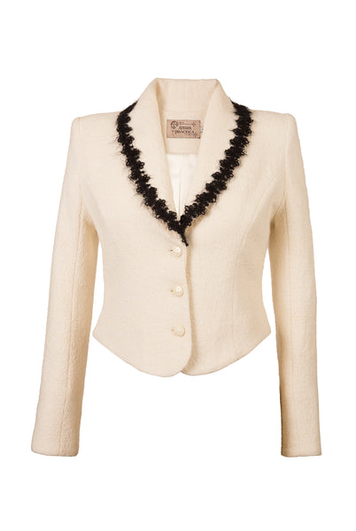 Atelier Francesca White Jacket with Black Angora Trim, crepe knit, vintage vibe.