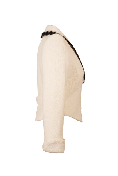 Side view of Atelier Francesca White Jacket with Black Angora Trim, vintage vibe.