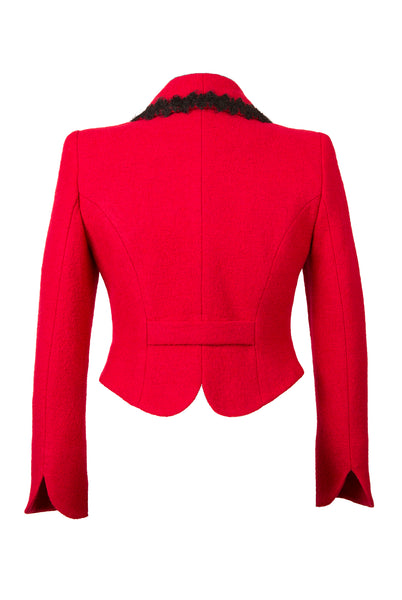 Reverse of Atelier Francesca Red Jacket with Black Angora Trim, back detail.