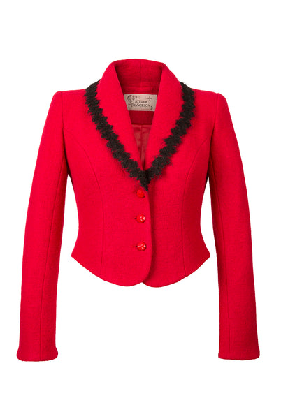 Atelier Francesca Red Jacket with Black Angora Trim, crepe knit.