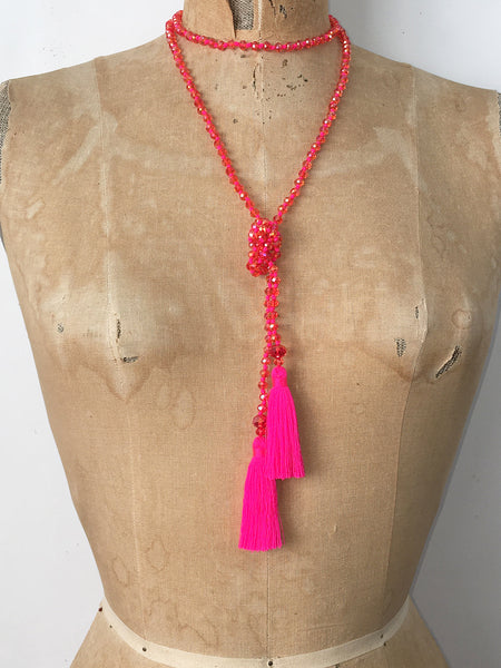 Lil Jewellry, faceted crystal necklace with tassels in hot pink