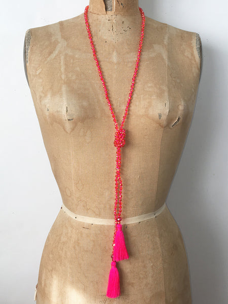 Lil Jewellry, faceted crystal necklace with tassels in hot pink