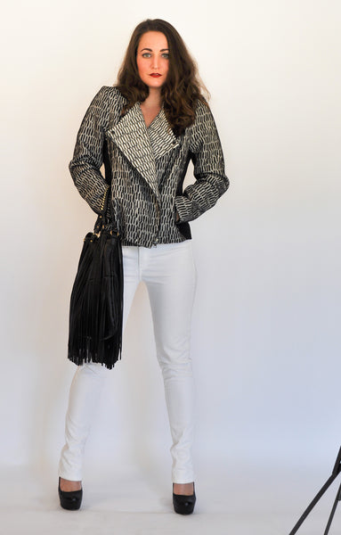 Black & White Moto Jacket with White Jeans & fringed bag