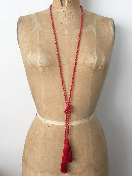 Lil Jewellry, faceted crystal necklace with tassels in red