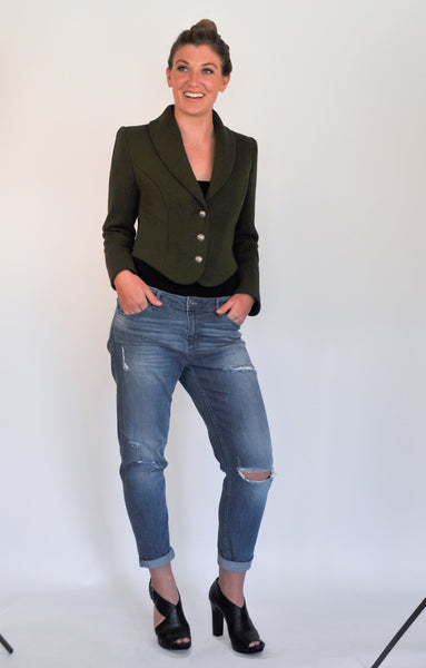 Atelier Francesca Army Green Statement Jacket. Shawl collar. Back detail.