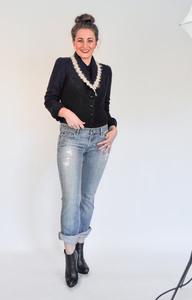Atelier Francesca Black Jacket with Ecru trim, styled with Boyfriend Jeans.