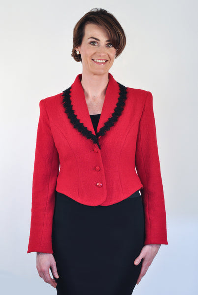 Atelier Francesca Red Jacket with Black Angora Trim, crepe knit, comfortable.