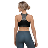 Back view of Lacy Mandala sports bra, black and white. Print on demand.