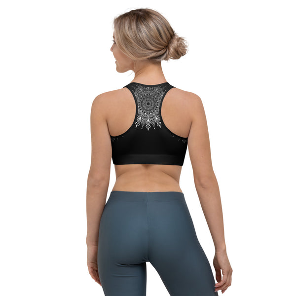 Back view of Lacy Mandala sports bra, black and white. Print on demand.