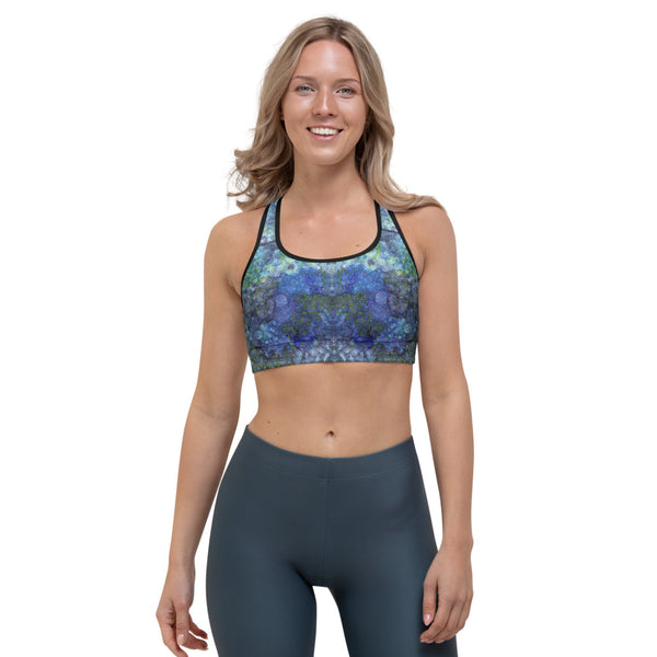 Abstract mandala sports bra, blue and green. Print on demand.