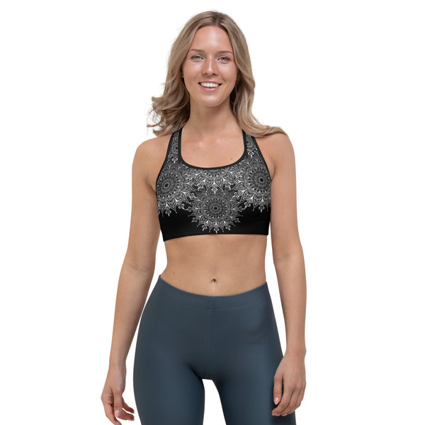 Lacy Mandala sports bra, black and white. Print on demand.