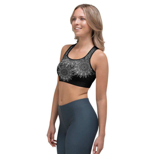 Side view of Lacy Mandala sports bra, black and white. Print on demand.