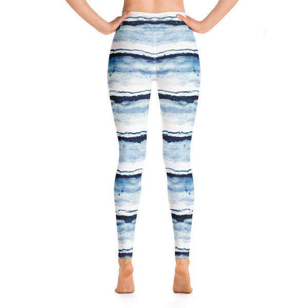 Back view of Blue Brush Strokes on white print leggings. Print on demand.
