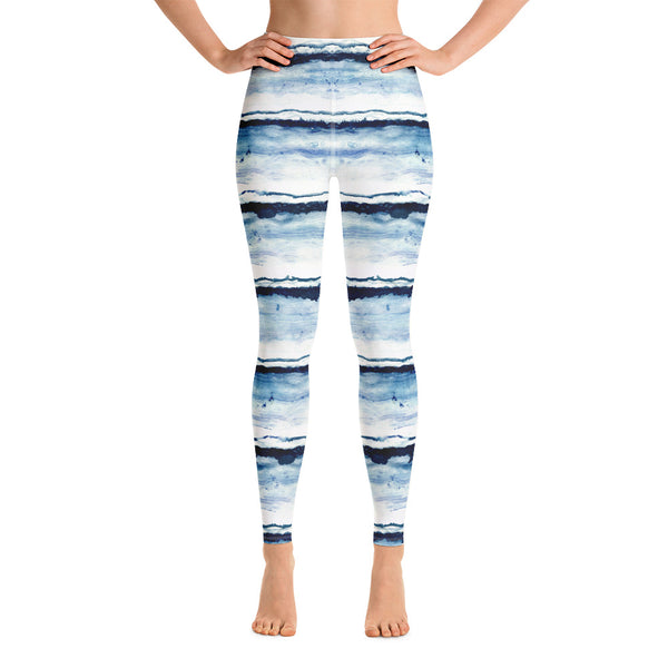 Blue Brush Strokes on white print leggings. Print on demand.