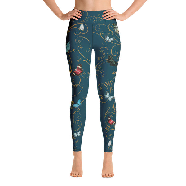Teal and gold butterflies in Flight print leggings. Print on demand.