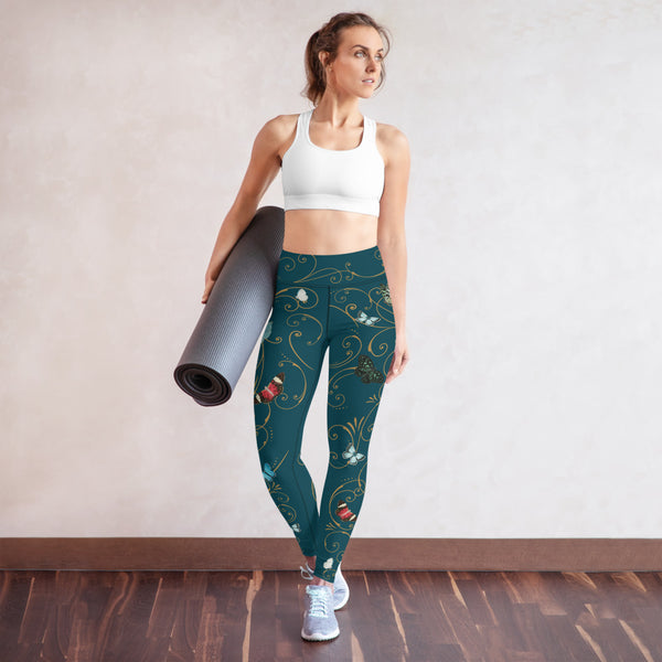 Teal and gold butterflies in Flight print leggings. Print on demand.