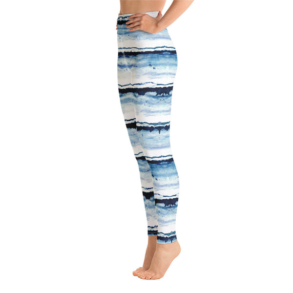 Side view of Blue Brush Strokes on white print leggings. Print on demand.