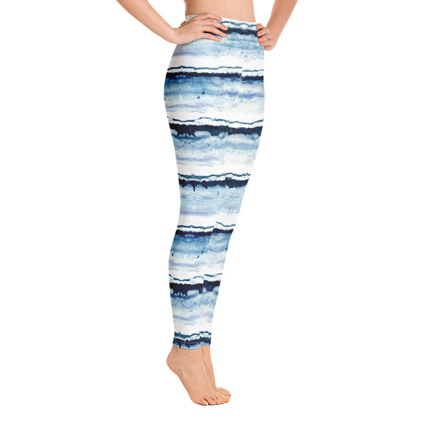 Side view of Blue Brush Strokes on white print leggings. Print on demand.