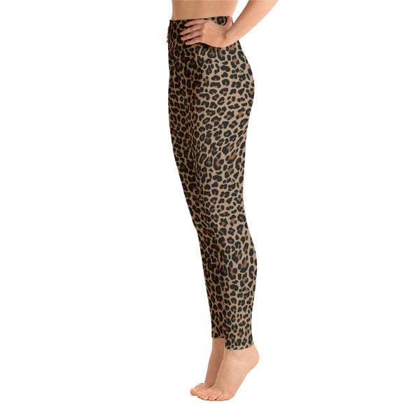 Side view of mocha leopard print leggings. Print on demand