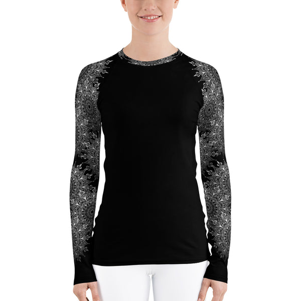 Lacy Mandala print rash guard top, black and white. Print on demand