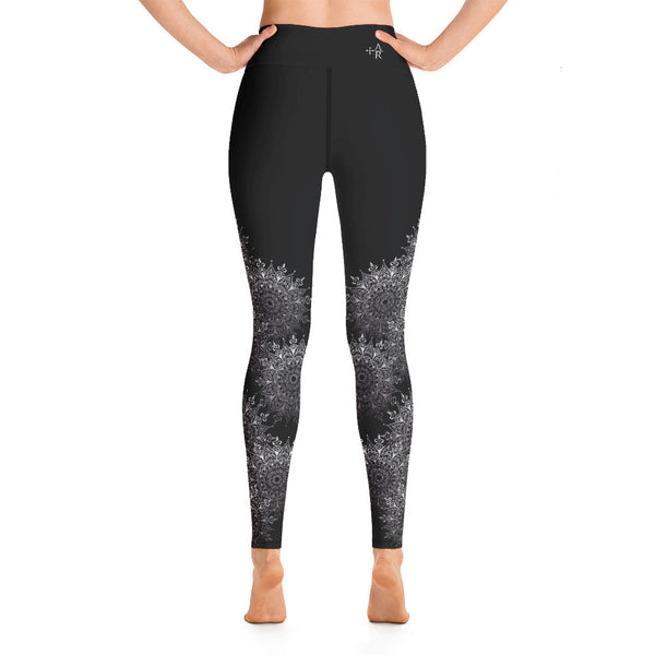 Back view of lacy mandala leggings, black and white. Print on demand