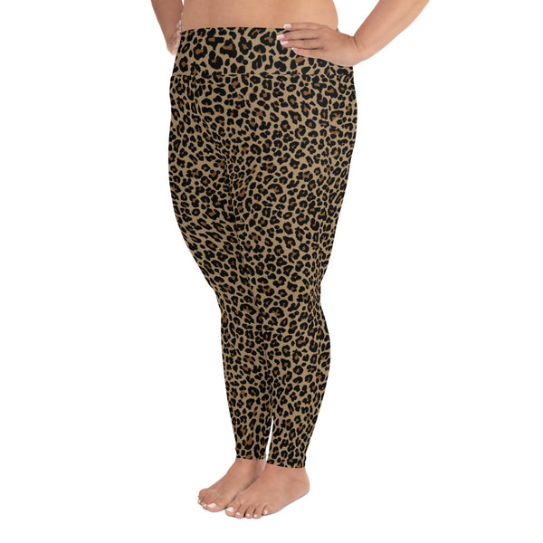 Side view of vintage leopard print, plus size leggings. Print on demand