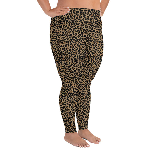 Side view of vintage leopard print, plus size leggings. Print on demand