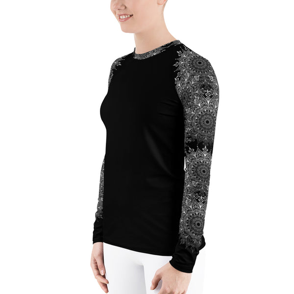 Side view of Lacy Mandala rash guard top, black and white. Print on demand
