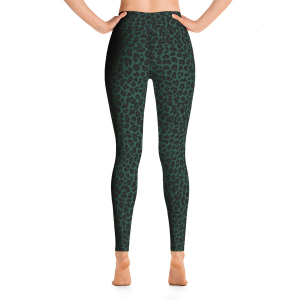 Back view of dark green leopard print leggings. Print on demand