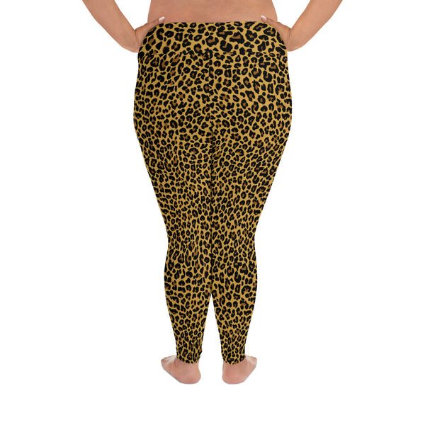 Back view of classic leopard print, plus size leggings. Print on demand.