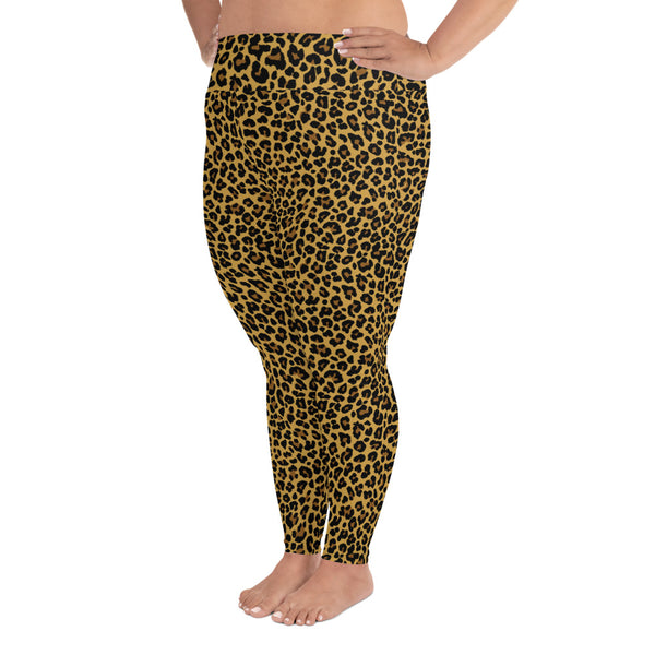 Side view of classic leopard print, plus size leggings. Print on demand.