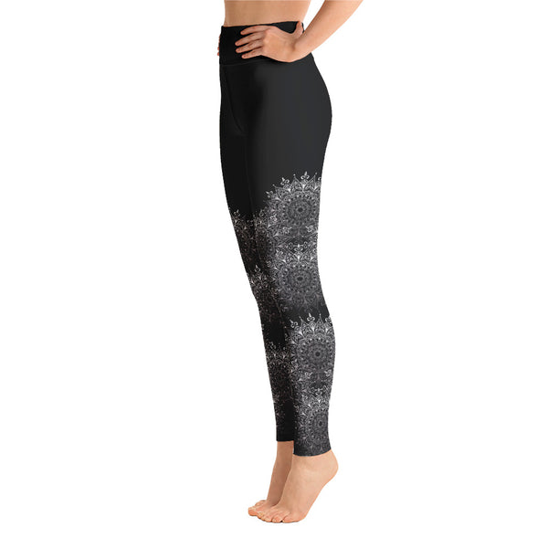Side view of Lacy Mandala print leggings, black and white. Print on demand