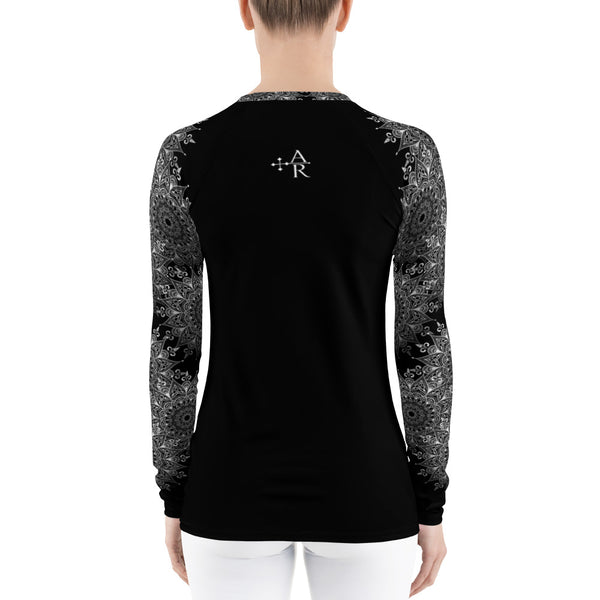 Back View of lacy mandala rash guard top, black and white. Print on demand