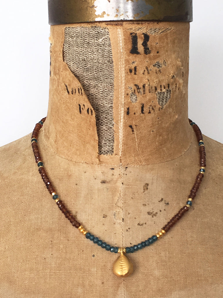 Alicia Van Fleteren necklace in hessonite garnet  and blue topaz semi precious stones with gold findings