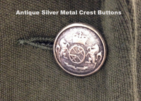 Detail of the antique silver crested button in Atelier Francesca jacket.