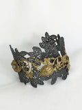Bracelet by Lotta, leaf pattern in antiques bronze with floral motifs in 14K gold and labradorite accent