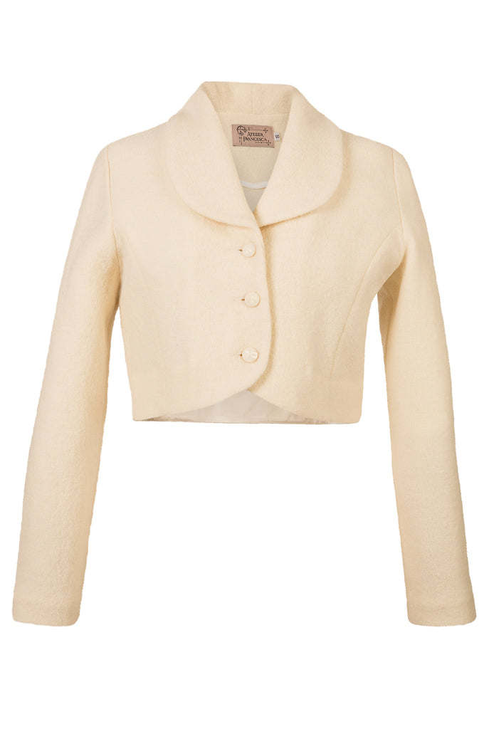 Atelier Francesca Winter White Wool Crepe Knit Shrug with facetted buttons
