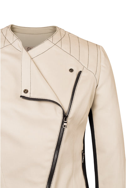 Front detail of Atelier Francesca Moto Style Jacket in Khaki with Black contrast details