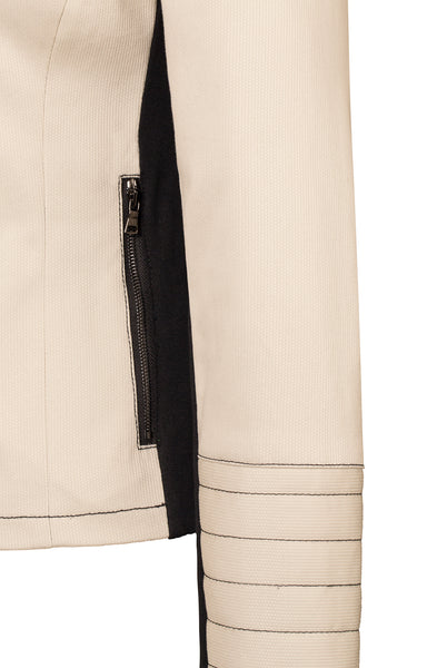 Pocket detail of Atelier Francesca Moto Style Jacket in Khaki with Black contrast details