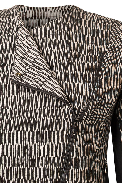 Neckline detail of black and white Atelier Francesca moto jacket